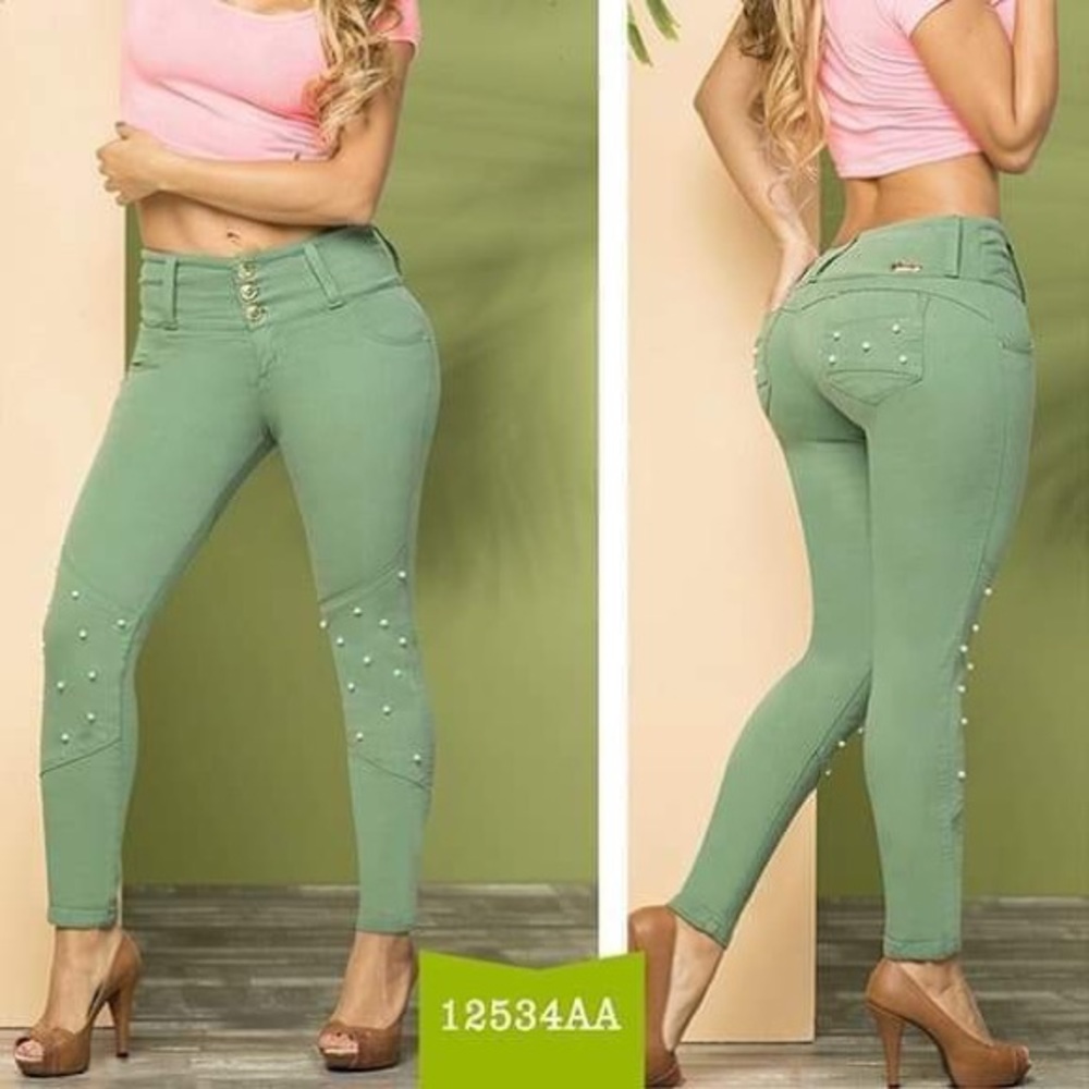 JEANS COLOMBIANOS, Butt Lift Fashion Denim Green Color SIZE 7